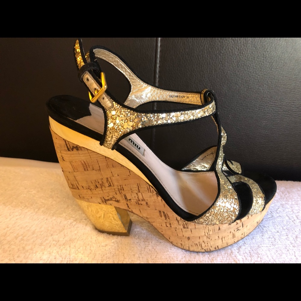Miu Miu Gold Glitter Wedges